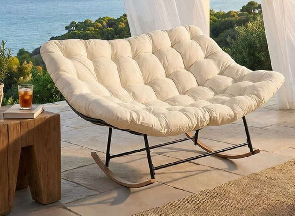 English Elm Modern Sculptural Rocking Lounge Chair with Tufted Cushion and Slim Metal Frame White D1134167666