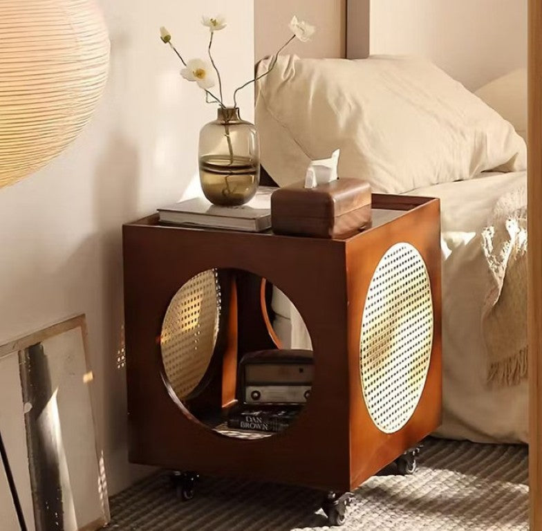 English Elm Modern Rattan and Solid Wood Rolling Nightstand with Open Storage for Bohemian Bedrooms D1134167700