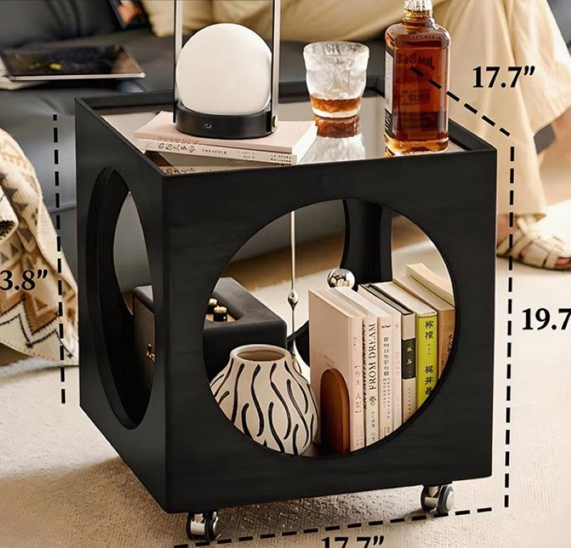 English Elm Modern Rattan and Solid Wood Rolling Nightstand with Open Storage for Bohemian Bedrooms D1134167700