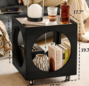 English Elm Modern Rattan and Solid Wood Rolling Nightstand with Open Storage for Bohemian Bedrooms D1134167700