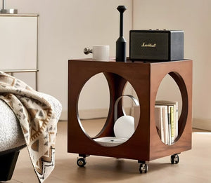 English Elm Modern Rattan and Solid Wood Rolling Nightstand with Open Storage for Bohemian Bedrooms D1134167700