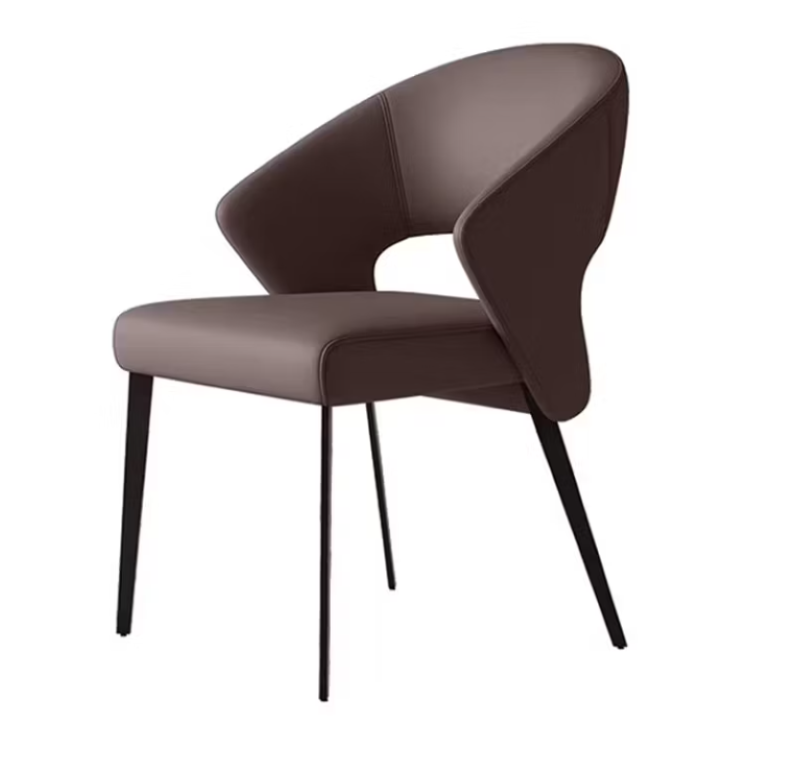 English Elm 2Pcs Curved Faux Leather Dining Armchairs with Sculptural Back and Slim Black Metal Legs Brown D1134167704