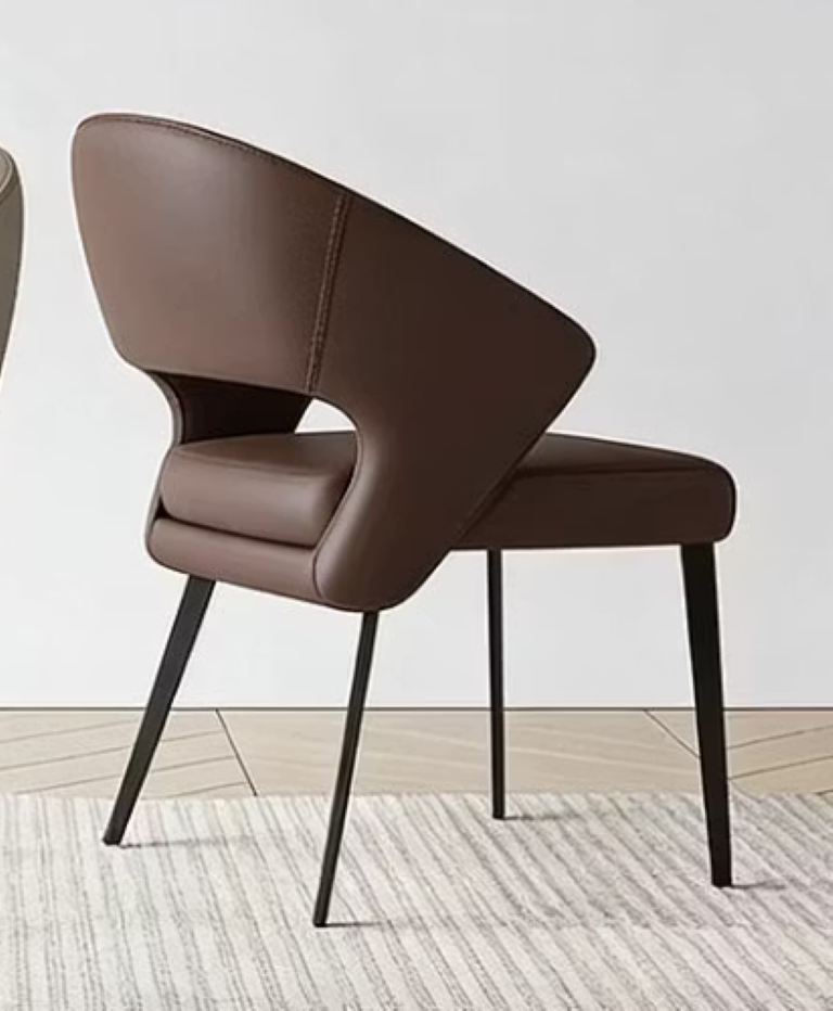 English Elm 2Pcs Curved Faux Leather Dining Armchairs with Sculptural Back and Slim Black Metal Legs Brown D1134167704