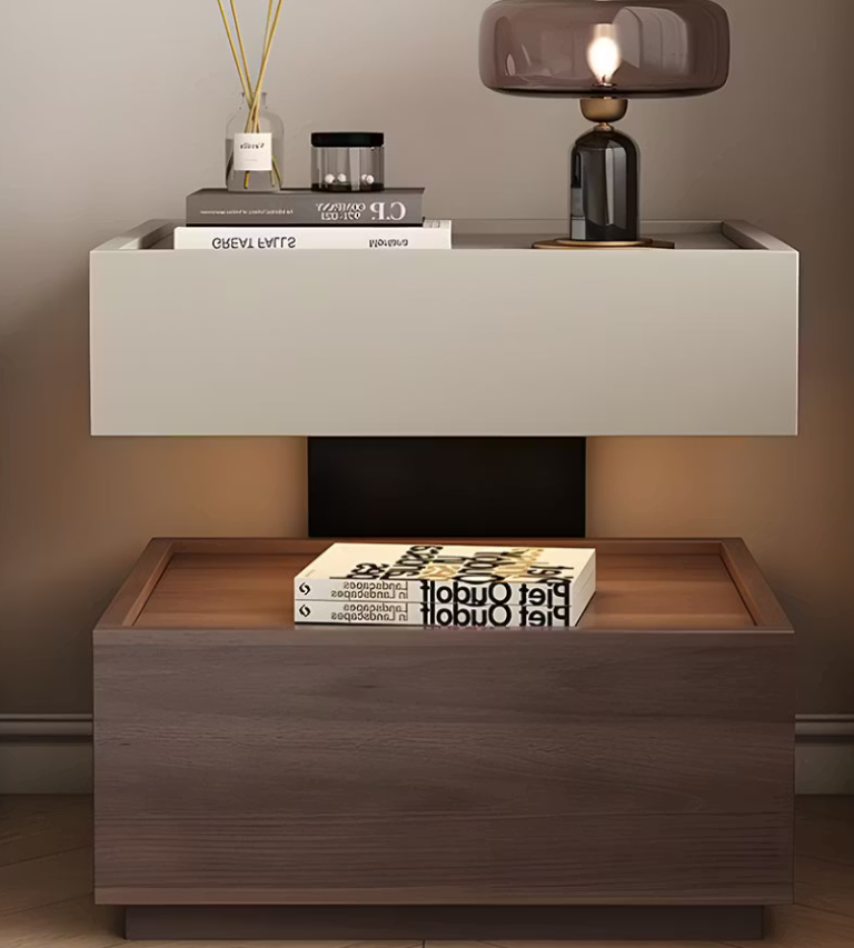 English Elm Modern Wood Nightstand with Drawer Open Shelf and Tray Top for Bedroom Storage Light Grey / Walnut D1134167726