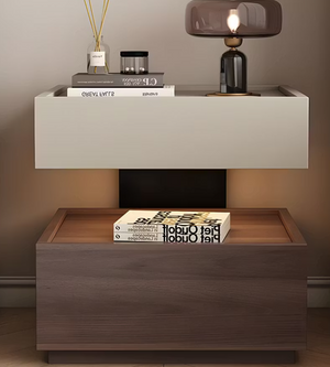 English Elm Modern Wood Nightstand with Drawer Open Shelf and Tray Top for Bedroom Storage Light Grey / Walnut D1134167726