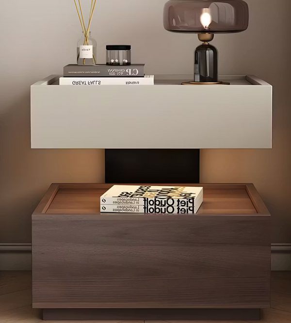 English Elm Modern Wood Nightstand with Drawer Open Shelf and Tray Top for Bedroom Storage Light Grey / Walnut D1134167726
