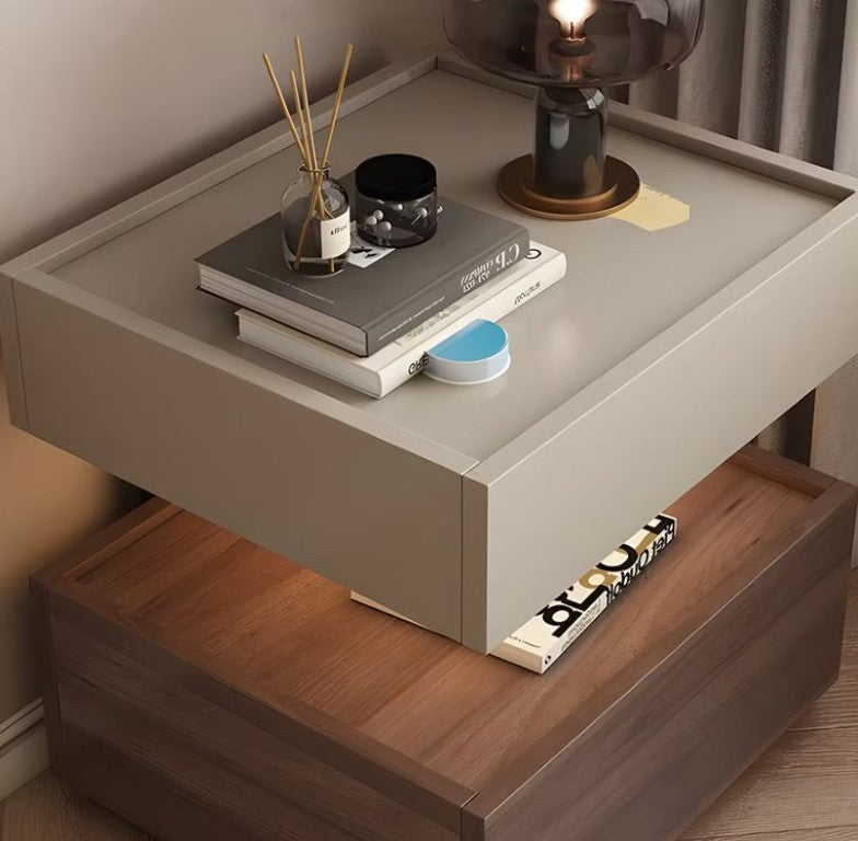 English Elm Modern Wood Nightstand with Drawer Open Shelf and Tray Top for Bedroom Storage Light Grey / Walnut D1134167726