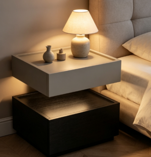 English Elm Modern Wood Nightstand with Drawer Open Shelf and Tray Top for Bedroom Storage Black / Light Grey D1134167727