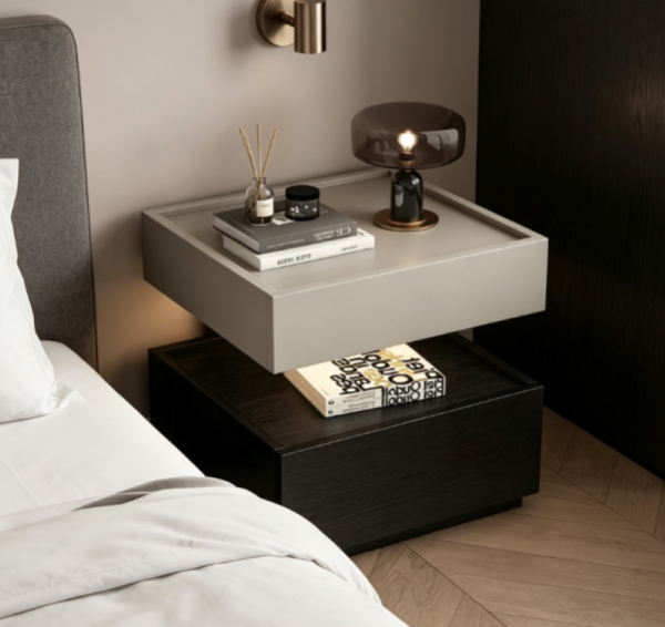 English Elm Modern Wood Nightstand with Drawer Open Shelf and Tray Top for Bedroom Storage Black / Light Grey D1134167727