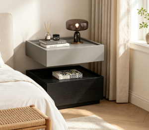 English Elm Modern Wood Nightstand with Drawer Open Shelf and Tray Top for Bedroom Storage Black / Light Grey D1134167727