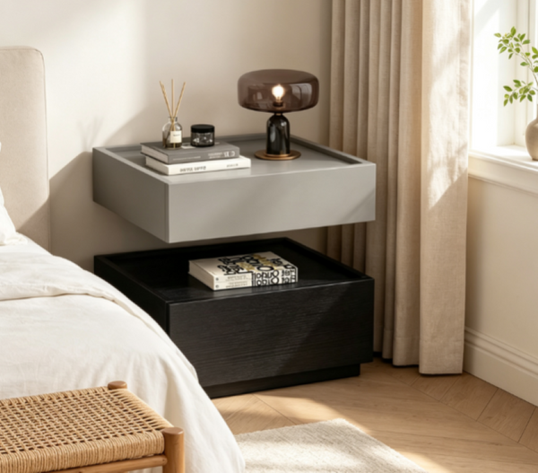 English Elm Modern Wood Nightstand with Drawer Open Shelf and Tray Top for Bedroom Storage Black / Light Grey D1134167727