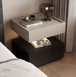 English Elm Modern Wood Nightstand with Drawer Open Shelf and Tray Top for Bedroom Storage Black / Light Grey D1134167727