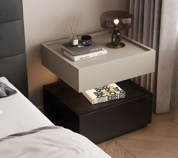 English Elm Modern Wood Nightstand with Drawer Open Shelf and Tray Top for Bedroom Storage Black / Light Grey D1134167727