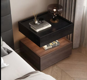 English Elm Modern Wood Nightstand with Drawer Open Shelf and Tray Top for Bedroom Storage Walnut / Black D1134167728