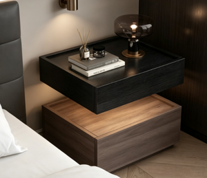 English Elm Modern Wood Nightstand with Drawer Open Shelf and Tray Top for Bedroom Storage Walnut / Black D1134167728