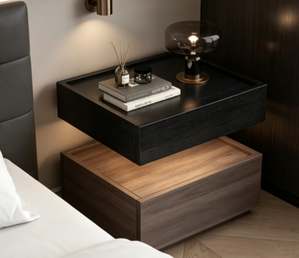 English Elm Modern Wood Nightstand with Drawer Open Shelf and Tray Top for Bedroom Storage Walnut / Black D1134167728
