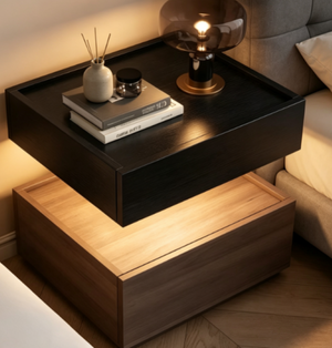 English Elm Modern Wood Nightstand with Drawer Open Shelf and Tray Top for Bedroom Storage Walnut / Black D1134167728