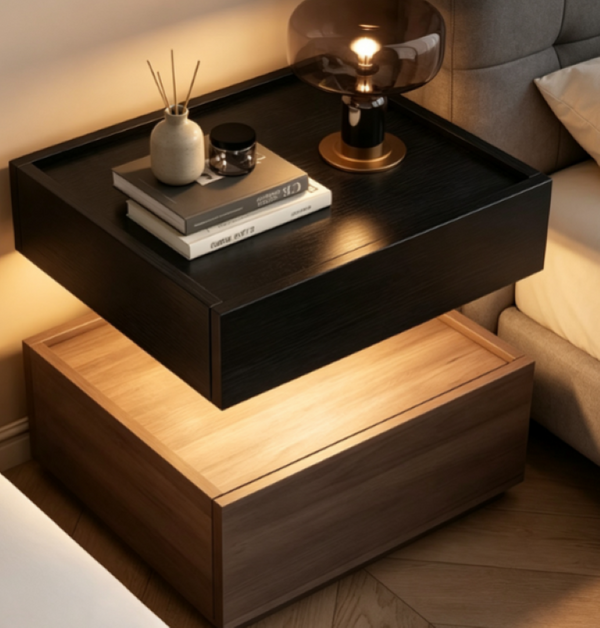 English Elm Modern Wood Nightstand with Drawer Open Shelf and Tray Top for Bedroom Storage Walnut / Black D1134167728
