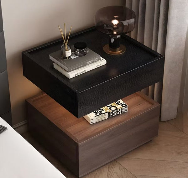 English Elm Modern Wood Nightstand with Drawer Open Shelf and Tray Top for Bedroom Storage Walnut / Black D1134167728