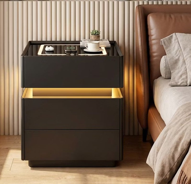 English Elm Modern Smart Nightstand LED Ambient Lighting Fingerprint Lock Gloss White Tempered Glass D1134167734