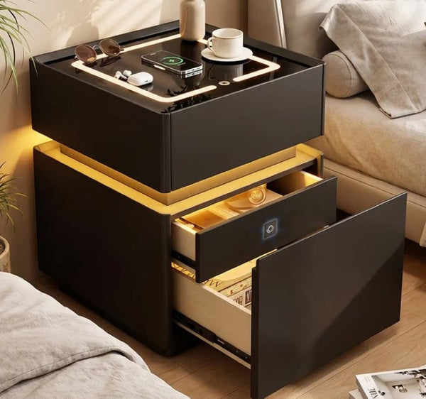 English Elm Modern Smart Nightstand LED Ambient Lighting Fingerprint Lock Gloss White Tempered Glass D1134167734