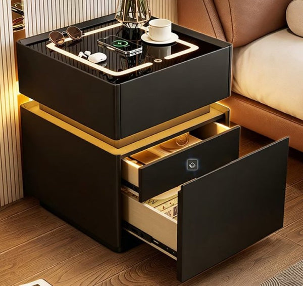 English Elm Modern Smart Nightstand LED Ambient Lighting Fingerprint Lock Gloss White Tempered Glass D1134167734