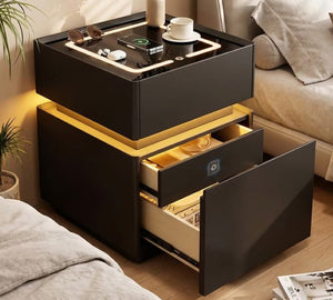 English Elm Modern Smart Nightstand LED Ambient Lighting Fingerprint Lock Gloss White Tempered Glass D1134167734