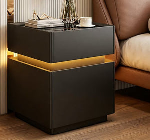 English Elm Modern Smart Nightstand LED Ambient Lighting Fingerprint Lock Gloss White Tempered Glass D1134167734