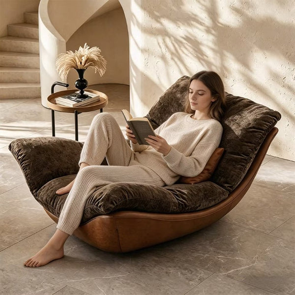 English Elm Modern Low Profile Lounge Chair Plush Fabric Seat Faux Leather Base Sculptural Sofa Brown D1134167757