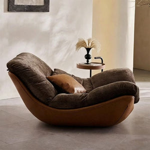 English Elm Modern Low Profile Lounge Chair Plush Fabric Seat Faux Leather Base Sculptural Sofa Brown D1134167757