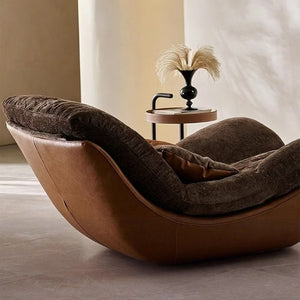 English Elm Modern Low Profile Lounge Chair Plush Fabric Seat Faux Leather Base Sculptural Sofa Brown D1134167757