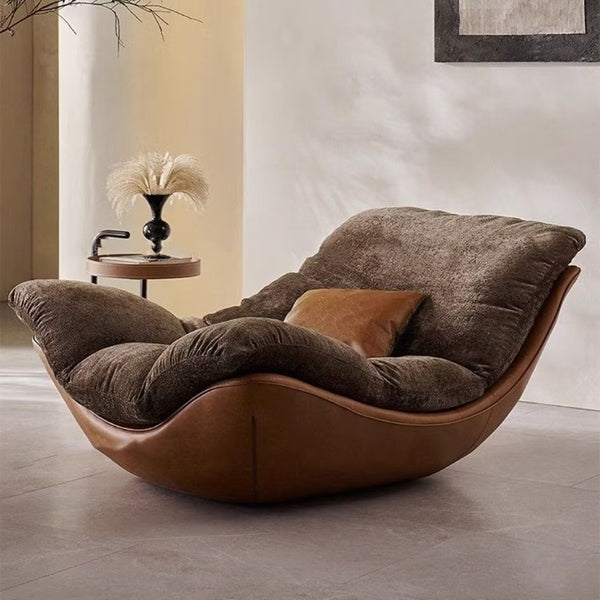 English Elm Modern Low Profile Lounge Chair Plush Fabric Seat Faux Leather Base Sculptural Sofa Brown D1134167757