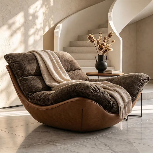 English Elm Modern Low Profile Lounge Chair Plush Fabric Seat Faux Leather Base Sculptural Sofa Brown D1134167757