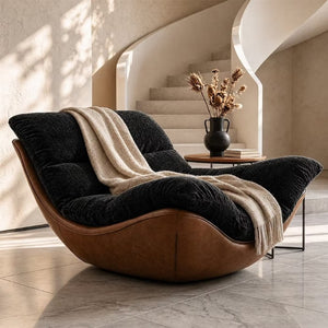 English Elm Modern Low Profile Lounge Chair Plush Fabric Seat Faux Leather Base Sculptural Sofa Black D1134167758