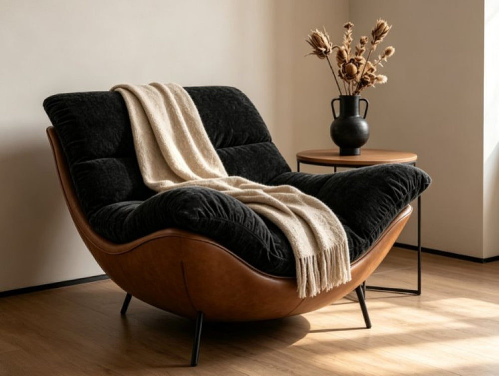 English Elm Modern Low Profile Lounge Chair Plush Fabric Seat Faux Leather Base Sculptural Sofa Black D1134167758