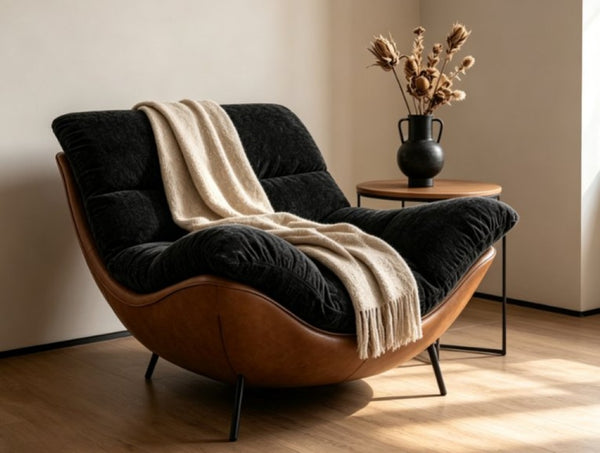 English Elm Modern Low Profile Lounge Chair Plush Fabric Seat Faux Leather Base Sculptural Sofa Black D1134167758