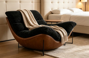 English Elm Modern Low Profile Lounge Chair Plush Fabric Seat Faux Leather Base Sculptural Sofa Black D1134167758
