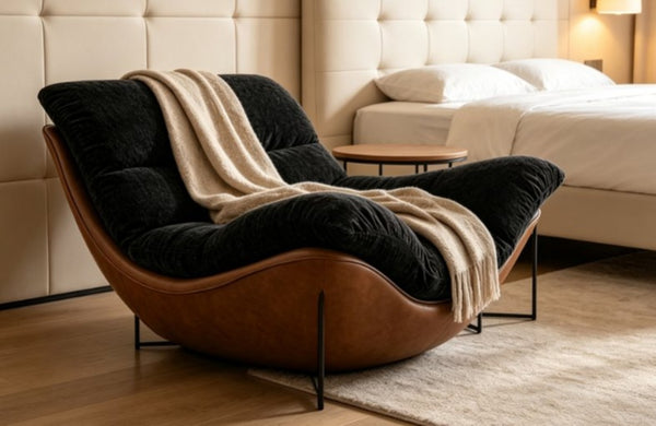 English Elm Modern Low Profile Lounge Chair Plush Fabric Seat Faux Leather Base Sculptural Sofa Black D1134167758