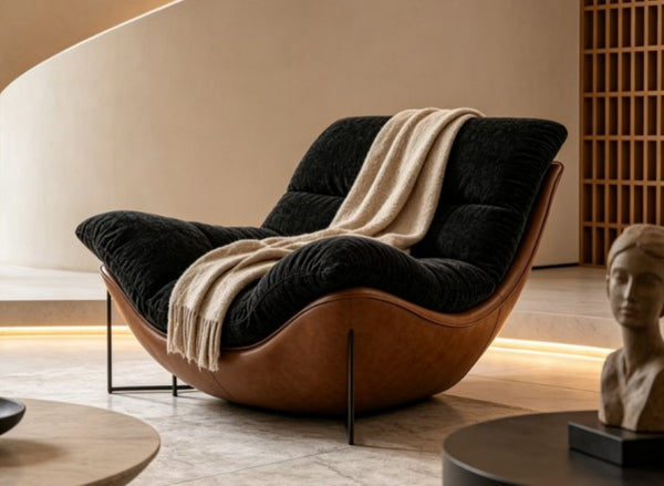 English Elm Modern Low Profile Lounge Chair Plush Fabric Seat Faux Leather Base Sculptural Sofa Black D1134167758