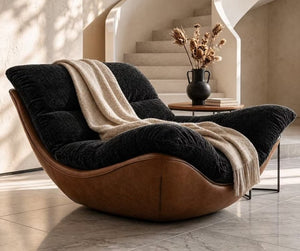 English Elm Modern Low Profile Lounge Chair Plush Fabric Seat Faux Leather Base Sculptural Sofa Black D1134167758