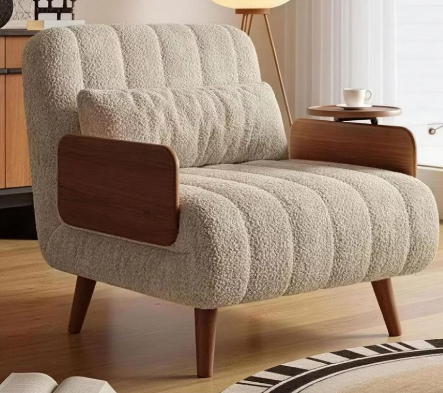 English Elm Modern Convertible Sleeper Chair with Wood Armrests Compact Studio Guest Seat Beige D1134168501