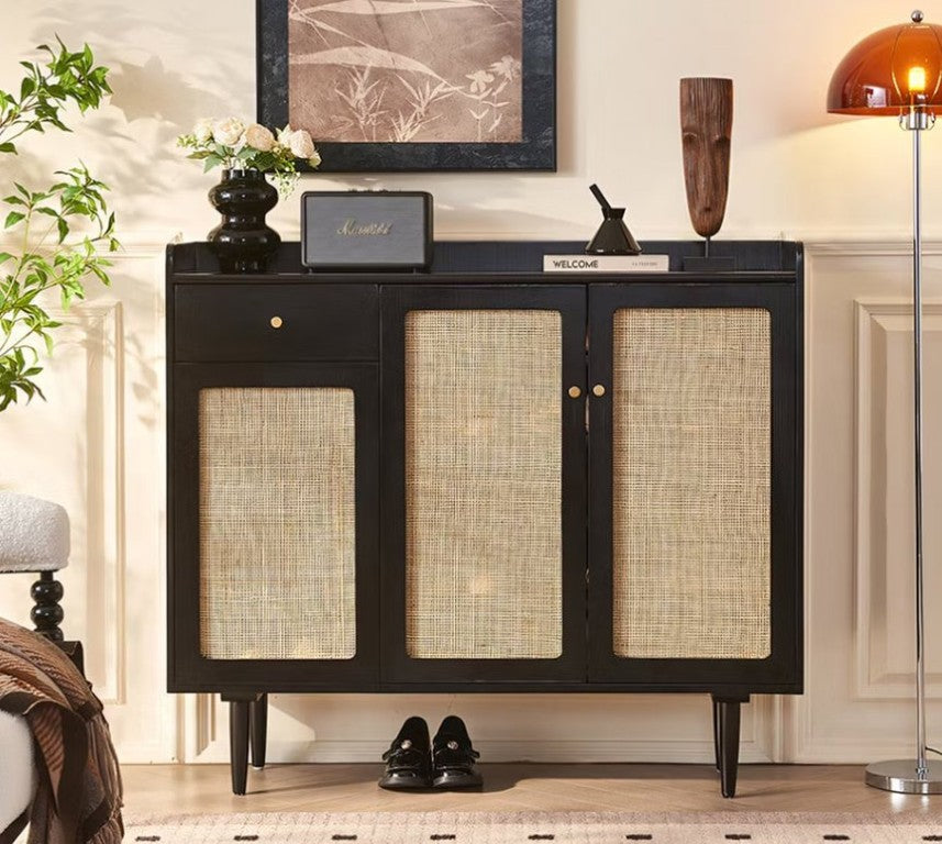 English Elm 43.3 Inch Rattan Woven Door Shoe Cabinet with Matte Black Frame and Entryway Shelving D1134168550