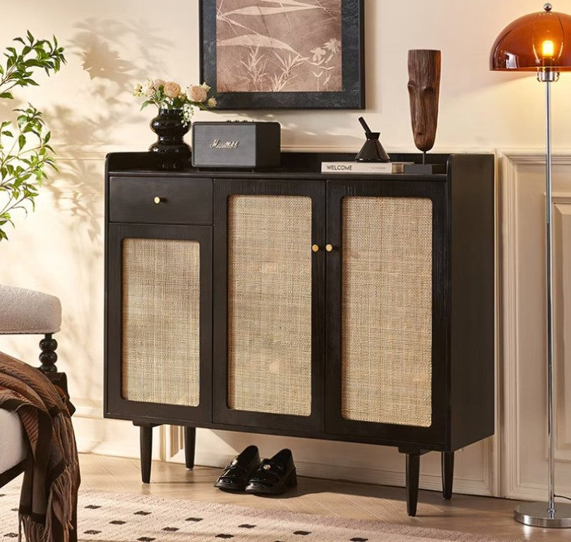 English Elm 43.3 Inch Rattan Woven Door Shoe Cabinet with Matte Black Frame and Entryway Shelving D1134168550