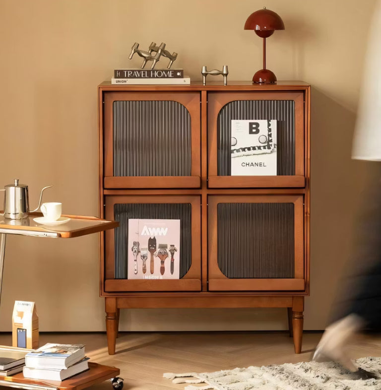 English Elm 31.5 Solid Wood Fluted Glass Display Cabinet with Tapered Legs Mid-Century Vintage D1134168873