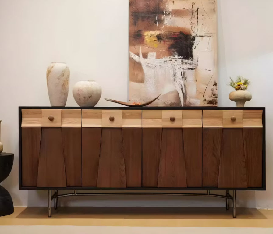 English Elm Modern Geometric Ash Wood Sideboard with Walnut Finish and Sculptural Drawer Fronts D1134169091