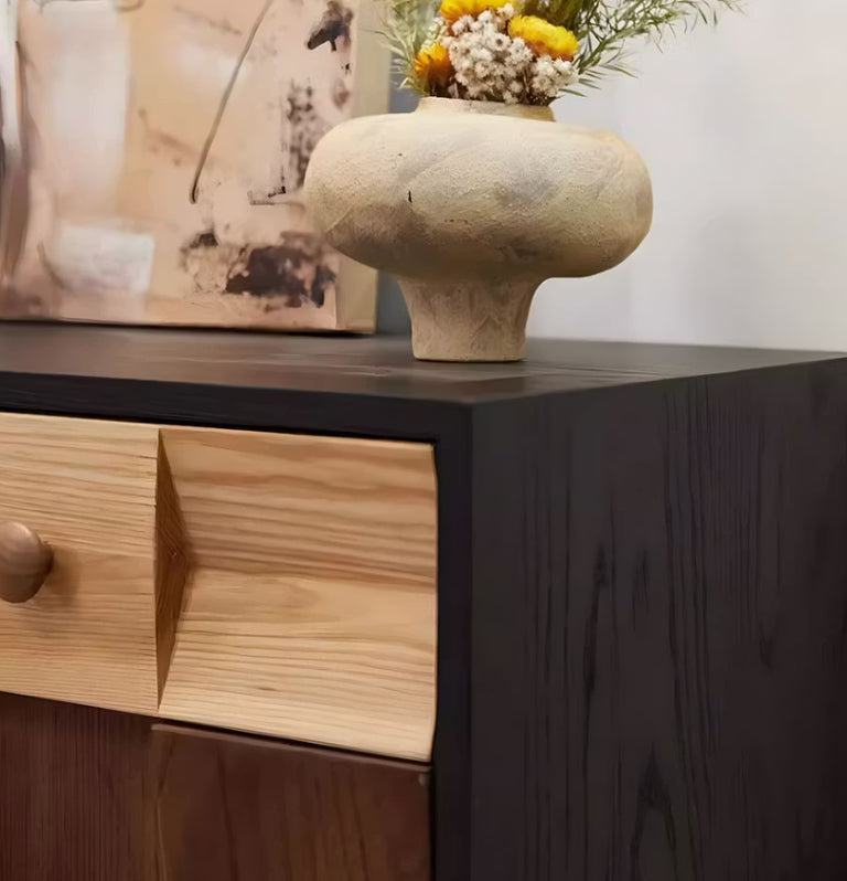 English Elm Modern Geometric Ash Wood Sideboard with Walnut Finish and Sculptural Drawer Fronts D1134169091