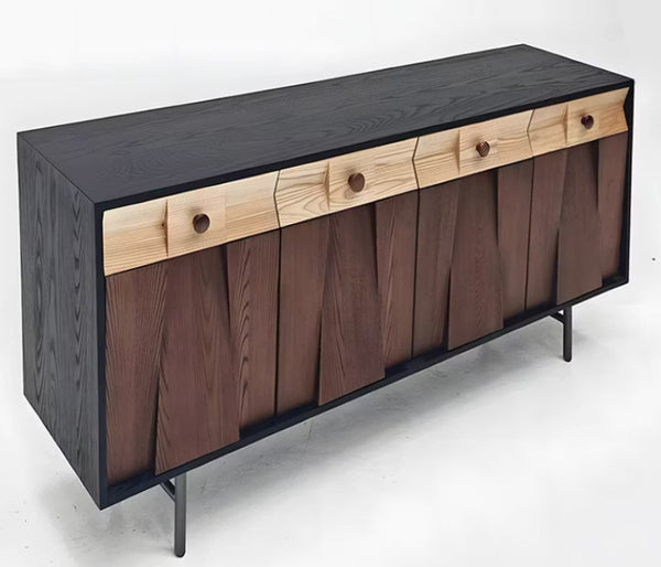 English Elm Modern Geometric Ash Wood Sideboard with Walnut Finish and Sculptural Drawer Fronts D1134169091