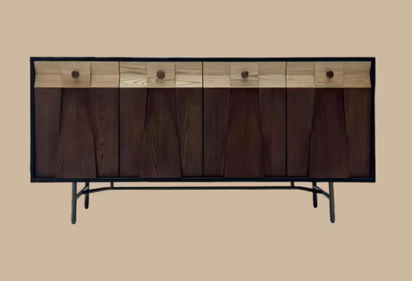 English Elm Modern Geometric Ash Wood Sideboard with Walnut Finish and Sculptural Drawer Fronts D1134169091