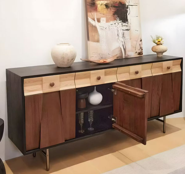 English Elm Modern Geometric Ash Wood Sideboard with Walnut Finish and Sculptural Drawer Fronts D1134169091
