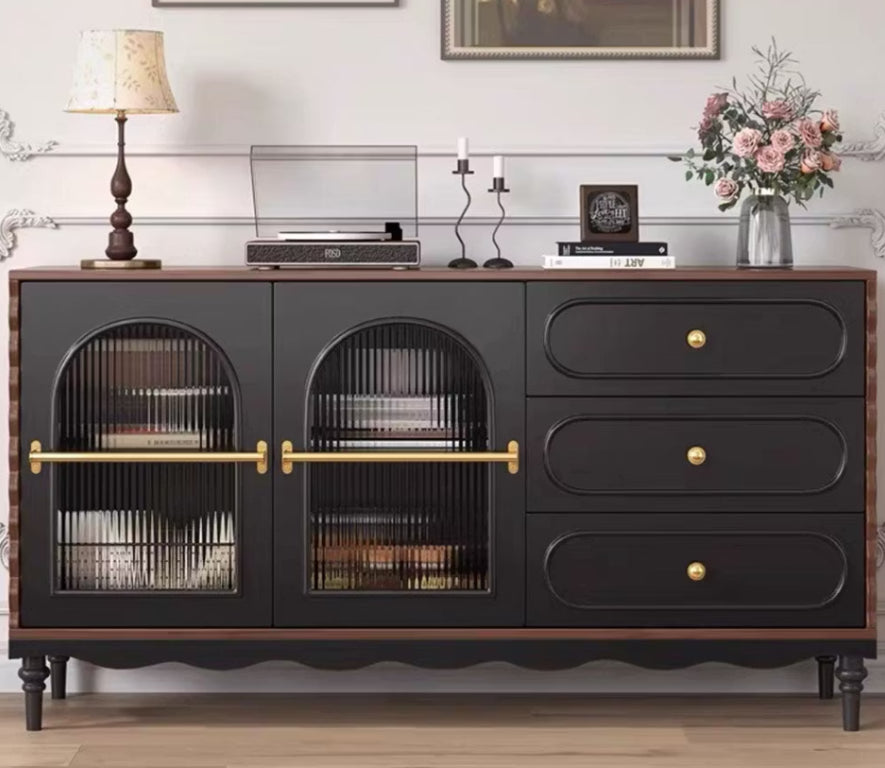 English Elm 63 Inch Black Sideboard with Fluted Glass Doors Gold Handles European Dining Style D1134169092